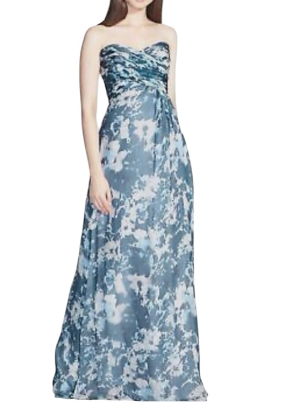 100% Silk Amsale Amore Chiffon Strapless Sweetheart Gown Blue Floral Size 4